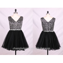 Heavy beading sexy V neck sleeveless short tulle prom party dress